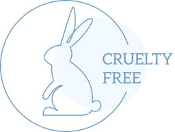 A minimalist line drawing of a rabbit in profile sits inside a circle next to the words “CRUELTY FREE,” indicating a product is not tested on animals.