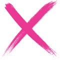 A bold, pink X painted with broad, textured brushstrokes on a plain white background.