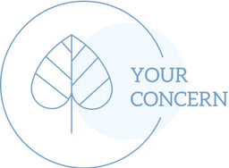 Minimalist logo with a simple leaf design outlined in blue inside a partial circle. The words YOUR CONCERN appear in uppercase blue letters to the right of the leaf.