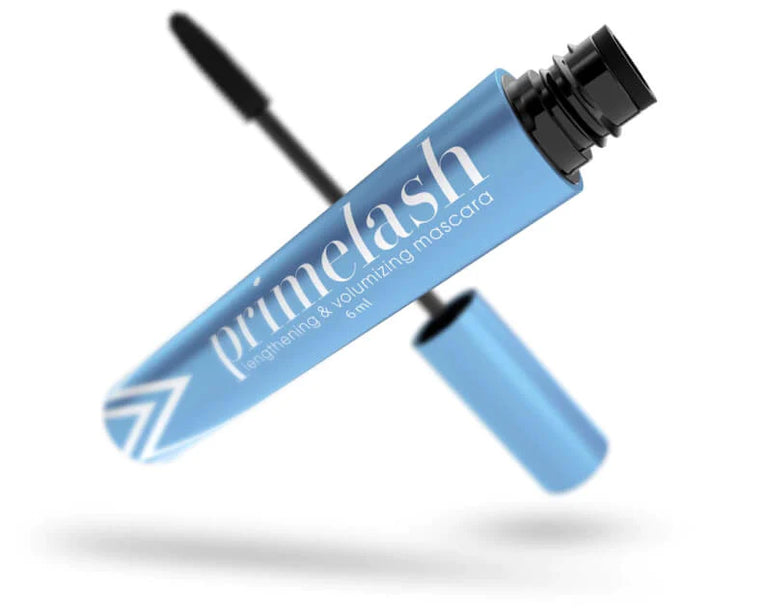 A blue tube of Primelash lengthening & volumizing mascara with the wand applicator removed and positioned diagonally, showing the product name on the tube.
