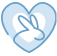 A simple blue heart outline contains a white heart and a minimal line drawing of a rabbits head and ears inside.