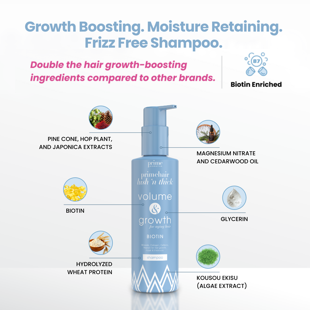 PrimeHair Lush N' Thick: growth boosting, moisture retaining, frizz-free shampoo with double the hair growth-boosting ingredients—biotin, hop plant, Japonica, cedarwood oil, glycerin and wheat protein
