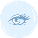 A simple blue illustration of a human eye with long eyelashes, centered on a light blue circular background.