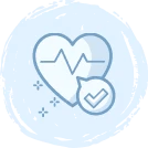 A light blue heart with an electrocardiogram line inside, accompanied by a check mark in a speech bubble, symbolizing health, wellness, or a successful health check.