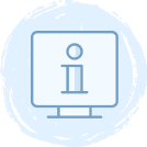 A blue icon of a computer monitor displaying a large lowercase i for information, set against a circular light blue background.
