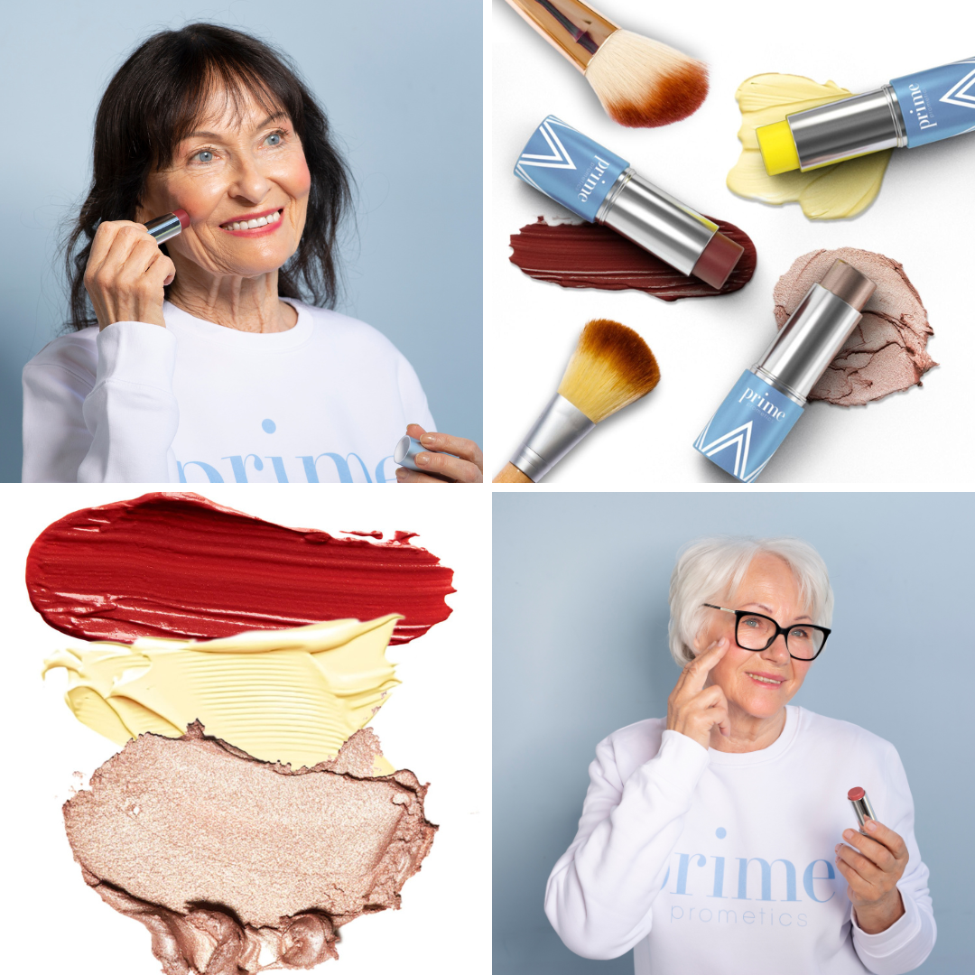 A collage of four images: Two older women applying makeup, two lipsticks with makeup brushes and smudges, and three makeup swatches in red, yellow, and beige. Both women wear white sweatshirts with prime on them.