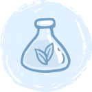 A simple blue line drawing of a laboratory flask with two leaves inside, symbolizing eco-friendly or natural science, set against a light blue circular background.
