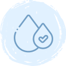 Light blue icon of two overlapping water droplets on a circular background, with a small heart shape inside the front droplet.