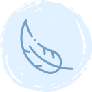 Simple blue line drawing of a feather on a light blue circular background.
