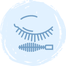 A blue icon of a closed eye with long lashes above a mascara wand, set against a light circular background.