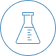 A blue outline of a laboratory flask with measurement marks inside a blue circle, set against a light gray background.