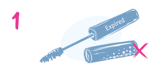 Illustration of an opened mascara tube labeled Expired with a pink X next to it, indicating not to use expired mascara. A pink number 1 is shown on the left side.