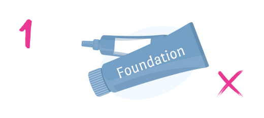 An illustration of two tubes of foundation with a pink number 1 on the left and a pink X on the right, indicating a mistake or something not recommended.