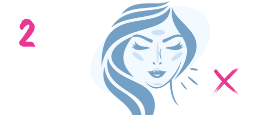 Illustration of a womans face with closed eyes and flowing hair, the number 2 in pink on the left, and a pink X mark on the right.