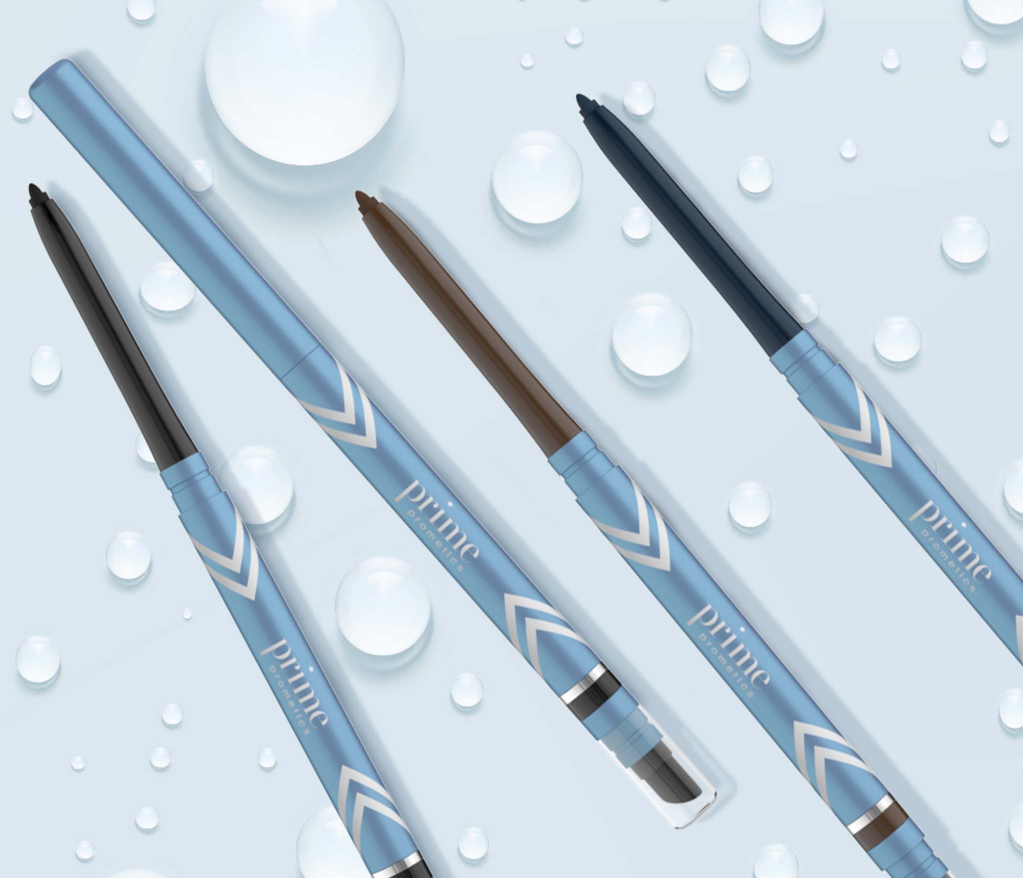 Four blue twist-up eyeliner pencils with prime branding are arranged on a light blue background with water droplets, each pencil showing a different shade: black, brown, navy, and gray.