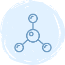 A simple blue line drawing of a molecule with one central circle connected to three smaller circles, set against a light blue circular background.