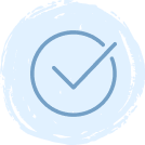 A blue checkmark inside a blue circle with a light blue, circular, watercolor-style background.