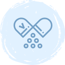 A blue outline drawing of a capsule being opened, with several small round pills or granules spilling out, set against a light blue circular background.