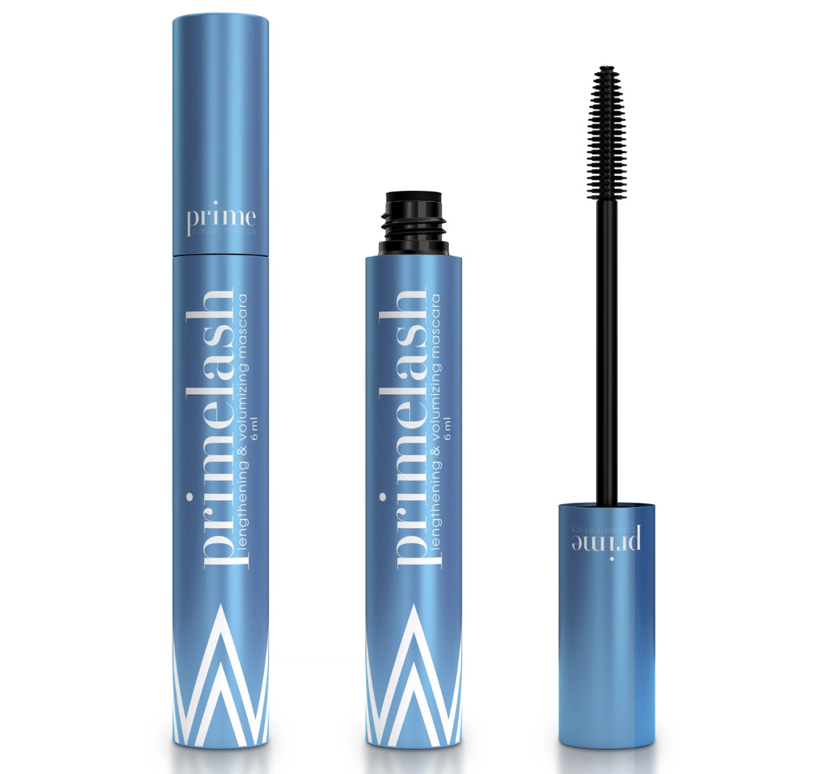 Three blue tubes of Primelash lengthening and curling mascara are shown: one closed, one open displaying the tube, and one open with the mascara wand visible. The packaging features white text and geometric accents.