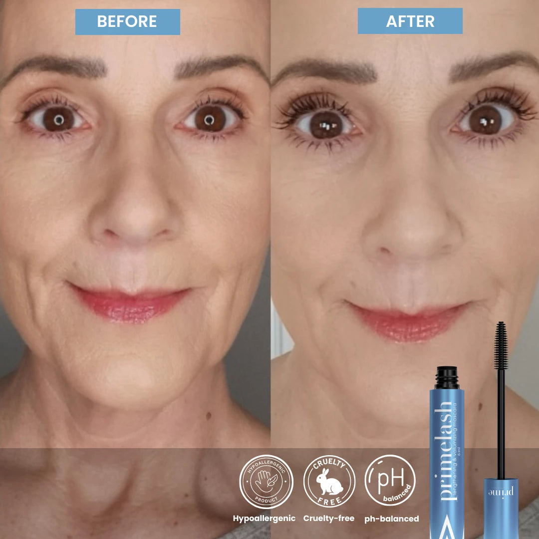 Side-by-side close-up of a woman’s face before and after applying mascara, showing longer, darker eyelashes in the after image; mascara tube and hypoallergenic, cruelty-free, and pH balanced icons at the bottom.