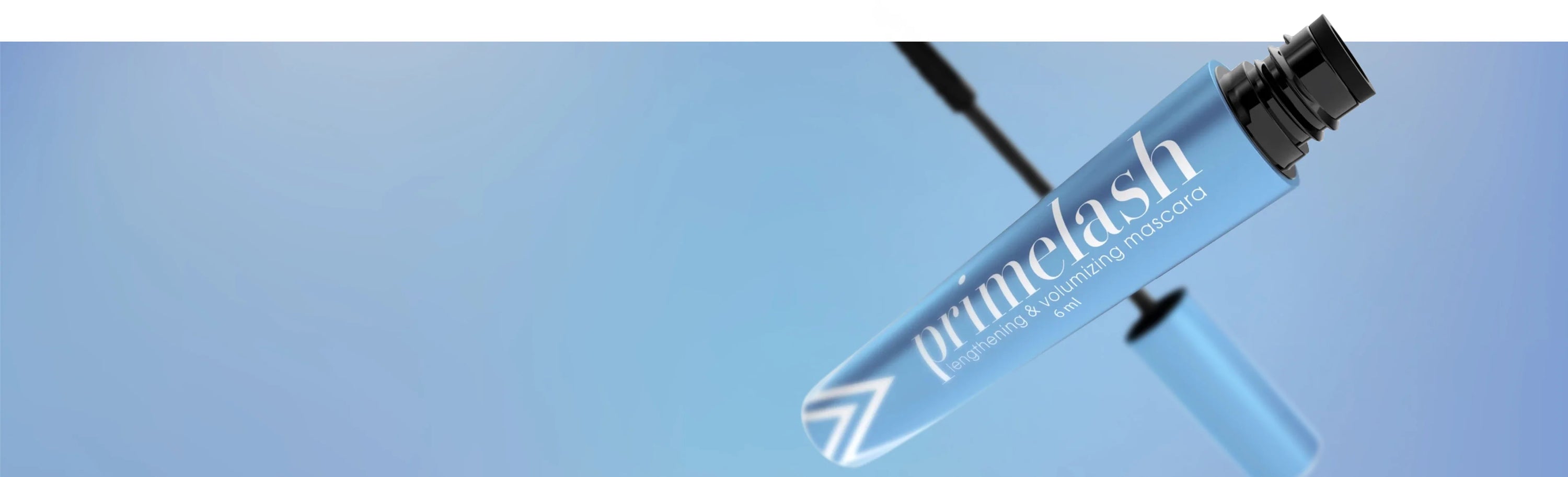 A close-up of a blue mascara tube labeled primclash nourishing & volumizing mascara on a light blue background, with the wand partially unscrewed and visible.