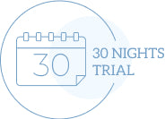 A blue line drawing of a calendar displaying the number 30, with the words 30 Nights Trial written beside it. The design is enclosed in a circular outline.