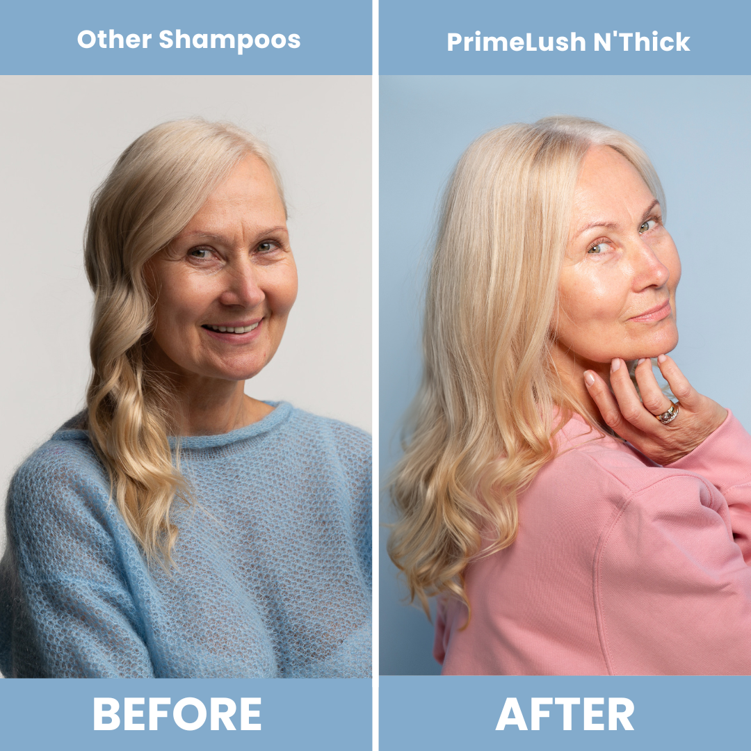 Before and after using PrimeHair Lush N' Thick versus other shampoos: thin, dull blonde hair becomes fuller, lighter and more voluminous