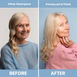 Before and after using PrimeHair Lush N' Thick versus other shampoos: thin, dull blonde hair becomes fuller, lighter and more voluminous
