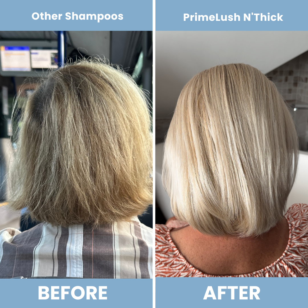 Before and after using PrimeHair Lush N' Thick versus other shampoos: frizzy, dull mid-length hair becomes smoother, brighter and more voluminous