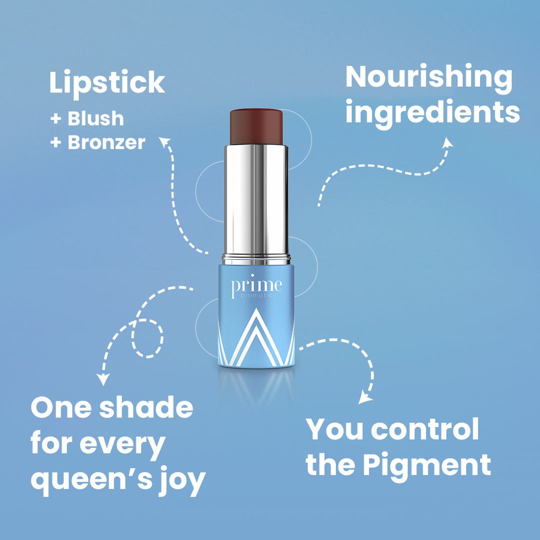 Prime Prometics PrimeWand Pigment is a multitasking stick: lipstick plus blush plus bronzer, with nourishing ingredients, one shade for every queen's joy, and you control the pigment