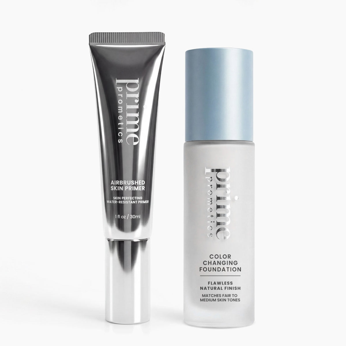 The PrimePrometics™ No-Filter Needed Duo is shown on a white background, featuring an Airbrushed Skin Primer in a silver tube and the innovative Color Changing Foundation in a frosted bottle with a blue cap.