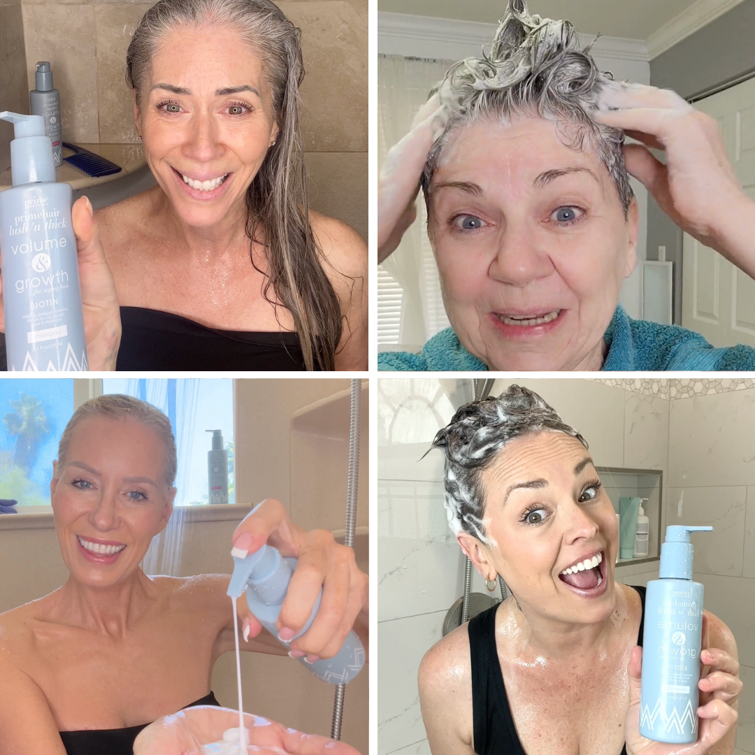 Four women using Prime Prometics PrimeHair Lush N' Thick shampoo in the shower during their hair-washing routine