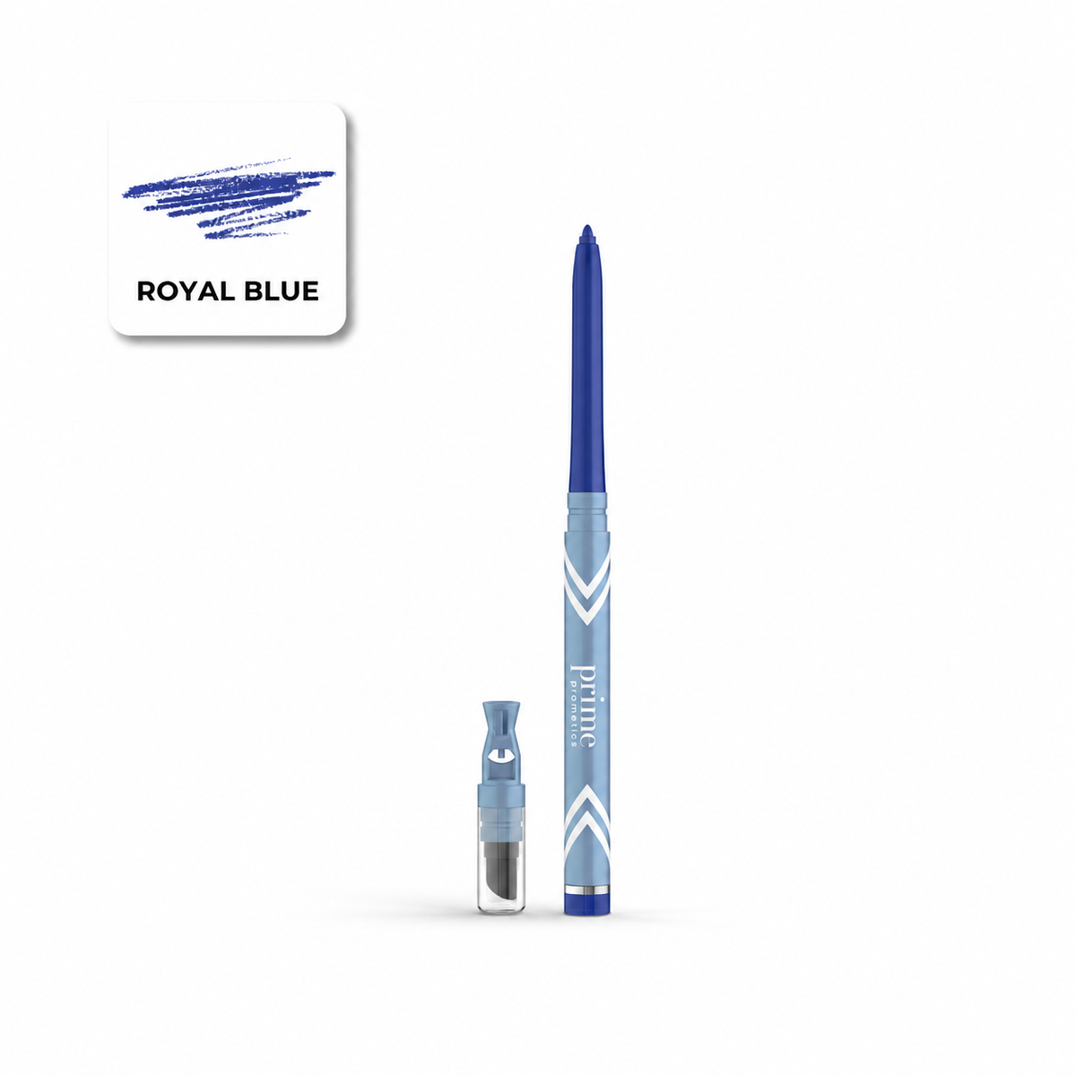 Ein PrimePrometics™ PrimeEyes Glide Eyeliner-Stift in Royalblau wird zusammen mit einem Farbmuster mit der Bezeichnung „Royal Blue“, der Kappe und dem integrierten Anspitzer vor einem weißen Hintergrund gezeigt. Dieser wischfeste Eyeliner eignet sich ideal für präzise Looks und ist besonders gut als Eyeliner für reife Augenlider geeignet.