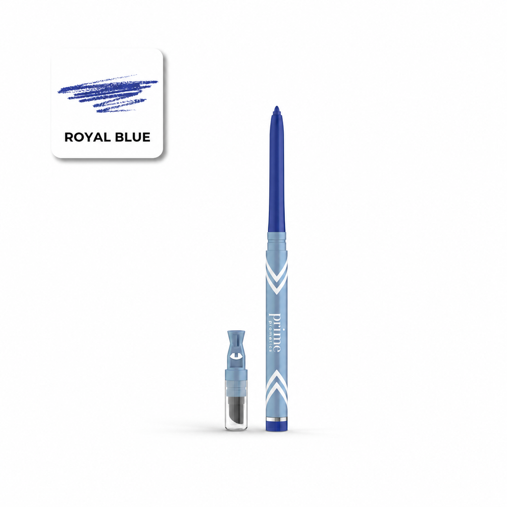 Ein PrimePrometics™ PrimeEyes Glide Eyeliner-Stift in Royalblau wird zusammen mit einem Farbmuster mit der Bezeichnung „Royal Blue“, der Kappe und dem integrierten Anspitzer vor einem weißen Hintergrund gezeigt. Dieser wischfeste Eyeliner eignet sich ideal für präzise Looks und ist besonders gut als Eyeliner für reife Augenlider geeignet.