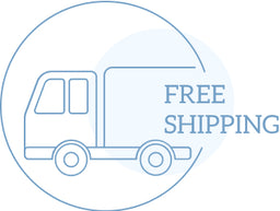 Simple line drawing of a delivery truck inside a partial circle, with the words FREE SHIPPING written to the right of the truck in large capital letters.