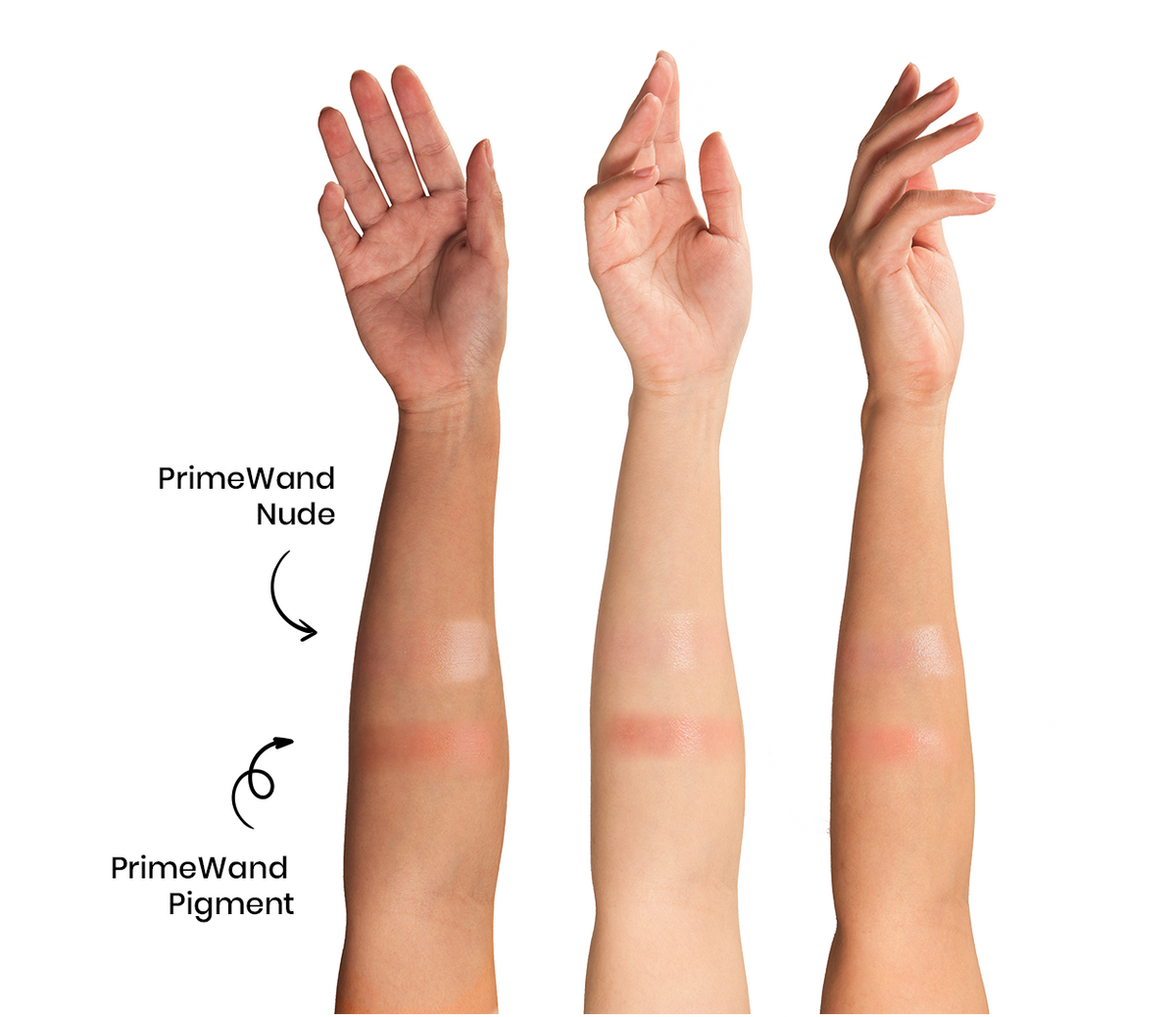 Three forearms with different skin tones show swatches of makeup labeled PrimeWand Nude and PrimeWand Pigment on each arm, demonstrating product color on diverse skin tones.