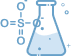 A blue outline of a laboratory flask filled halfway with liquid, surrounded by bubbles, with a chemical structure featuring sulfur and oxygen atoms overlapping the flask.