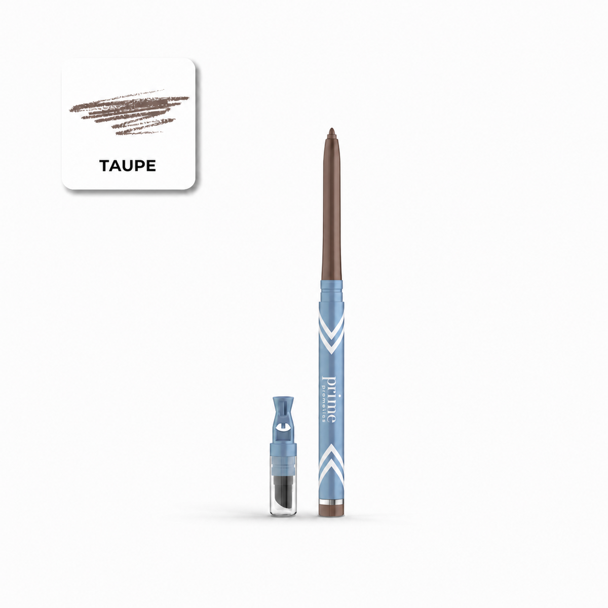 Mechanischer Augenbrauenstift in einem Taupe-Farbton mit einem Farbmuster oben links. Der Stift verfügt über einen blauen Schaft, der mit einem weißen Chevron-Muster verziert ist, sowie eine durchsichtige Kappe und einen integrierten Mini-Spitzer. Für ein makelloses, den ganzen Tag anhaltendes Ergebnis ergänzen Sie Ihre Routine perfekt, indem Sie dieses unverzichtbare Augenbrauenprodukt mit dem PrimePrometics™ PrimeEyes Glide Eyeliner, unserem wischfesten Eyeliner, kombinieren.