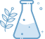 A blue outline illustration of a laboratory flask half-filled with liquid, with bubbles inside and small decorative bubbles around it; a leafy plant branch is drawn behind the flask.