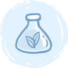 A simple blue line drawing of a round-bottom flask with two leaves inside, symbolizing an eco-friendly or botanical science concept, on a light blue circular background.