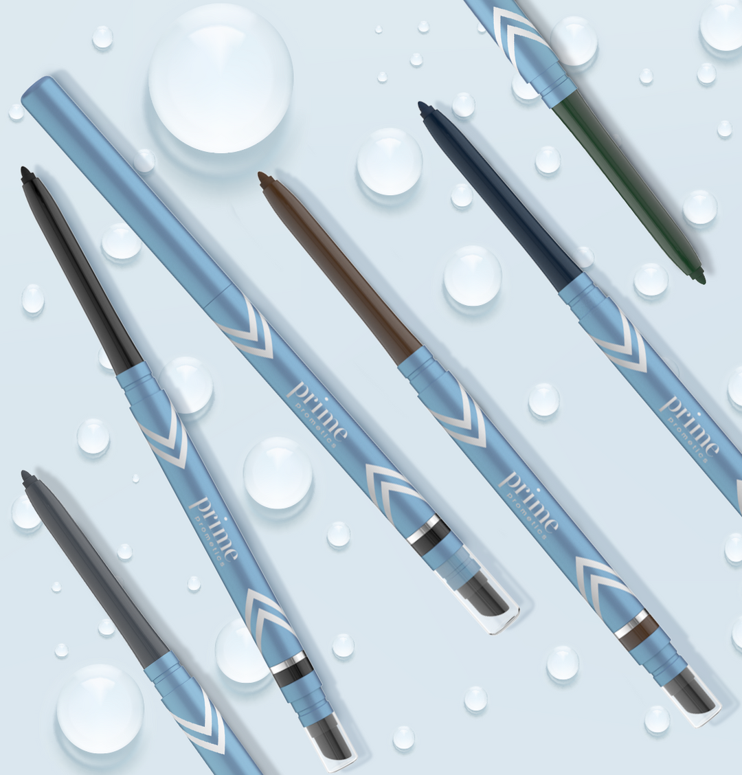 Several blue dual-ended makeup pencils with white chevron designs are arranged diagonally on a light blue background, surrounded by transparent water droplets. Some pencils are open, revealing various tip colors.