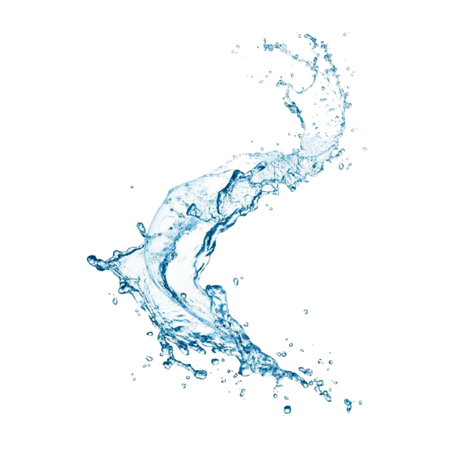 A splash of clear blue water is captured mid-air against a white background, forming a dynamic, twisting shape with scattered droplets surrounding it.