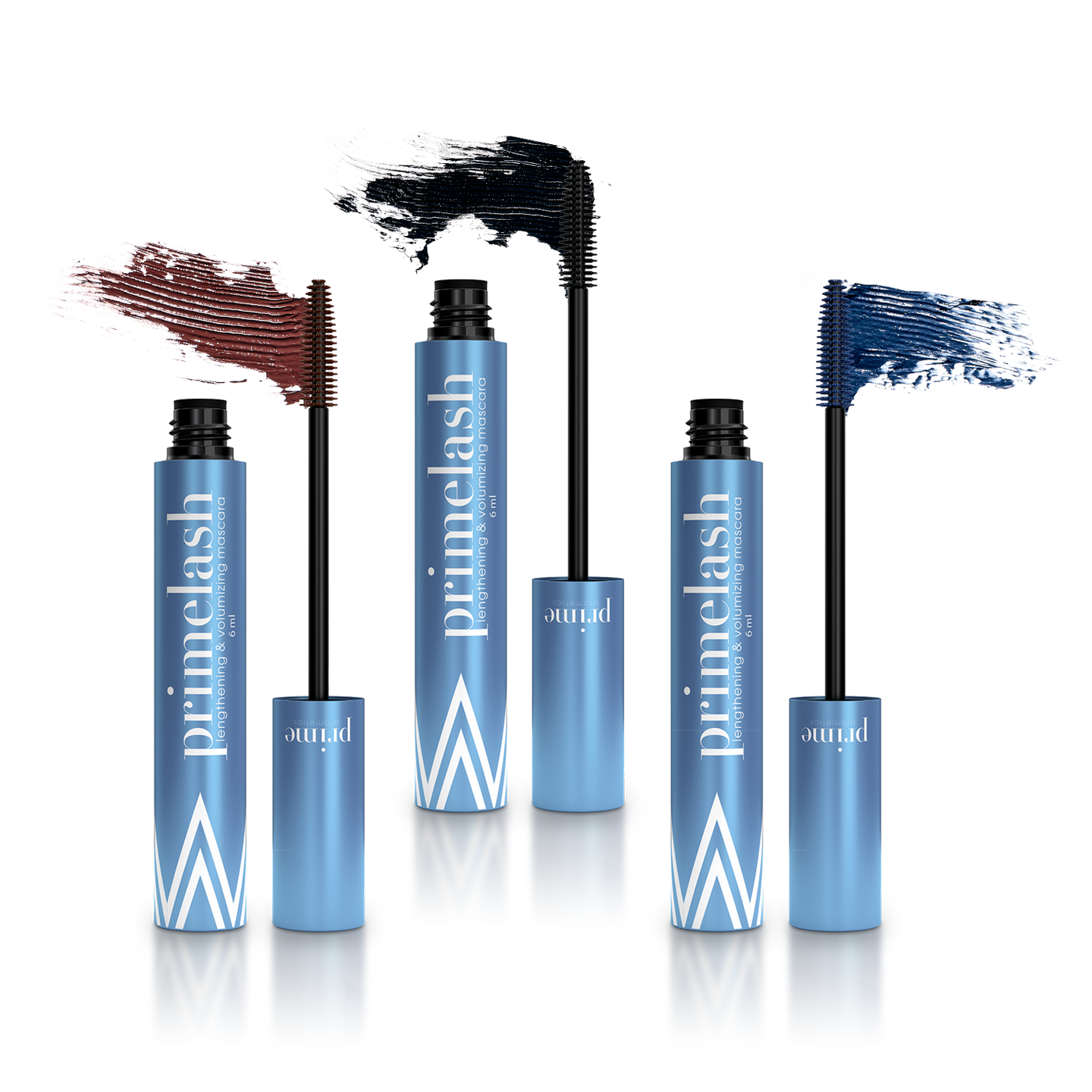 Three blue Eclectic Eyes mascara tubes from PrimePrometics™ are shown with wands applying brown, black, and blue shades. This pro-age, lash-thickening mascara features matching brush strokes above each tube.