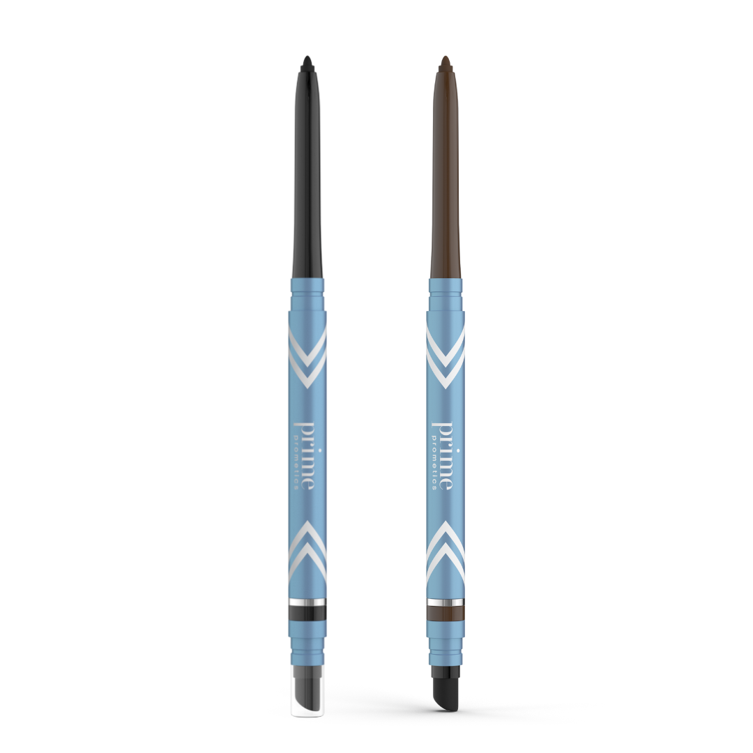 The 2pcs PrimeEyes Glide Eyeliner by PrimePrometics™ features retractable, water-resistant pencils with blue and white chevron barrels—one black, one brown—offering pro-age, smooth definition ideal for mature eyelids.