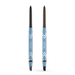 The 2pcs PrimeEyes Glide Eyeliner by PrimePrometics™ features retractable, water-resistant pencils with blue and white chevron barrels—one black, one brown—offering pro-age, smooth definition ideal for mature eyelids.