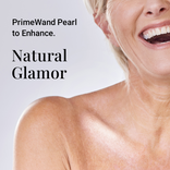 PrimeWand Pearl to enhance: a mature blonde woman laughing with natural glamor and luminous decolletage