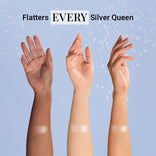 Three arms of different skin tones wearing swatches of Prime Prometics PrimeWand Pearl, with the caption that it flatters every silver queen