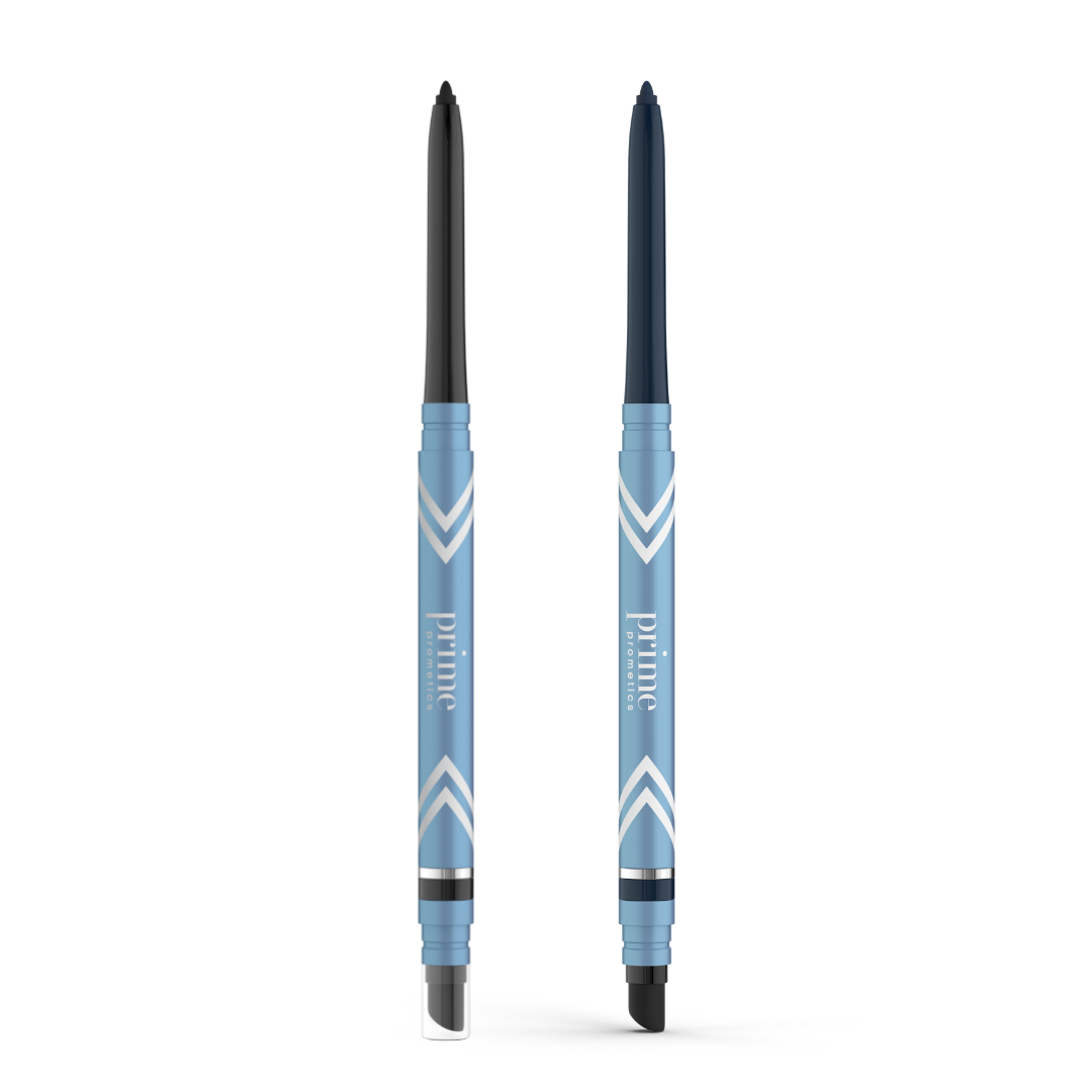 Two blue PrimePrometics™ 2pcs PrimeEyes Glide Eyeliner pencils with white chevrons and "prime" text—one capped, one uncapped to show a dark tip—are pro-age eyeliners ideal for mature eyelids.
