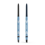 Two blue PrimePrometics™ 2pcs PrimeEyes Glide Eyeliner pencils with white chevrons and "prime" text—one capped, one uncapped to show a dark tip—are pro-age eyeliners ideal for mature eyelids.