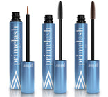 Three blue tubes of PrimePrometics™ Both Mascaras + Serum are shown: Lash Serum with thin brush, plus Black and Brown Mascaras—both lengthening and volumizing—with bold white text and geometric accents.